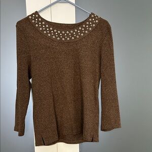 Rafaella Brown Crew Neck Sweater with Gold Metallic Embellishments